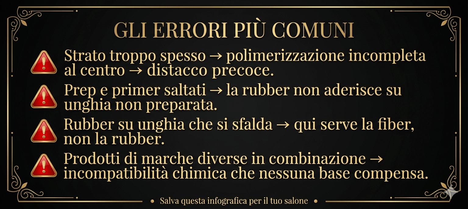 infografica sugli errori più comuni nell'applicazione della base rubber gel per unghie professionali